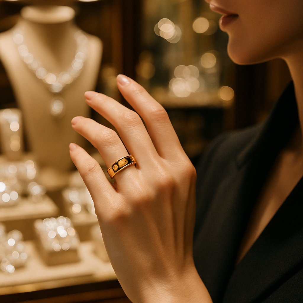 Close up of two hands with wedding rings intertwined, one ring is on and the other is held playfully between fingers