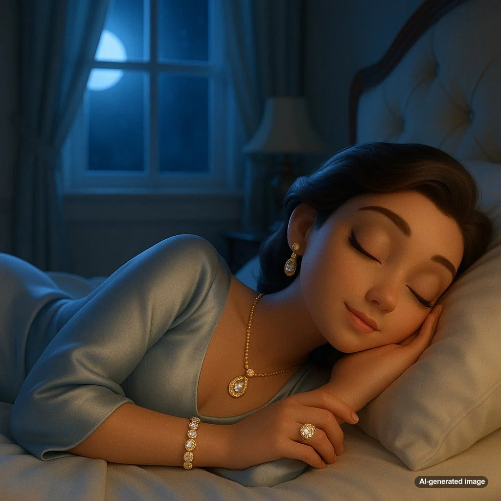 Woman sleeping peacefully while wearing elegant diamond earrings and a delicate gold necklace