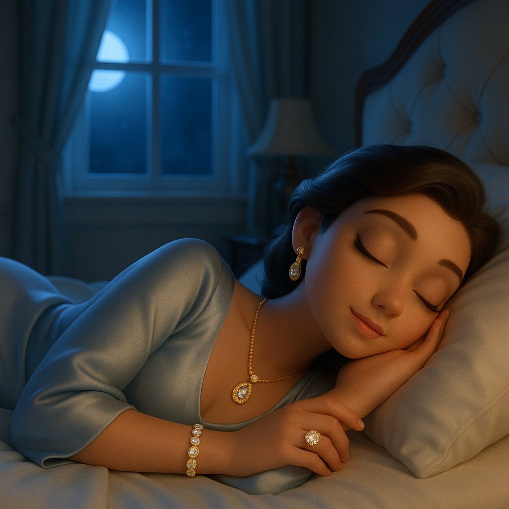 Woman sleeping peacefully while wearing elegant diamond earrings and a delicate gold necklace