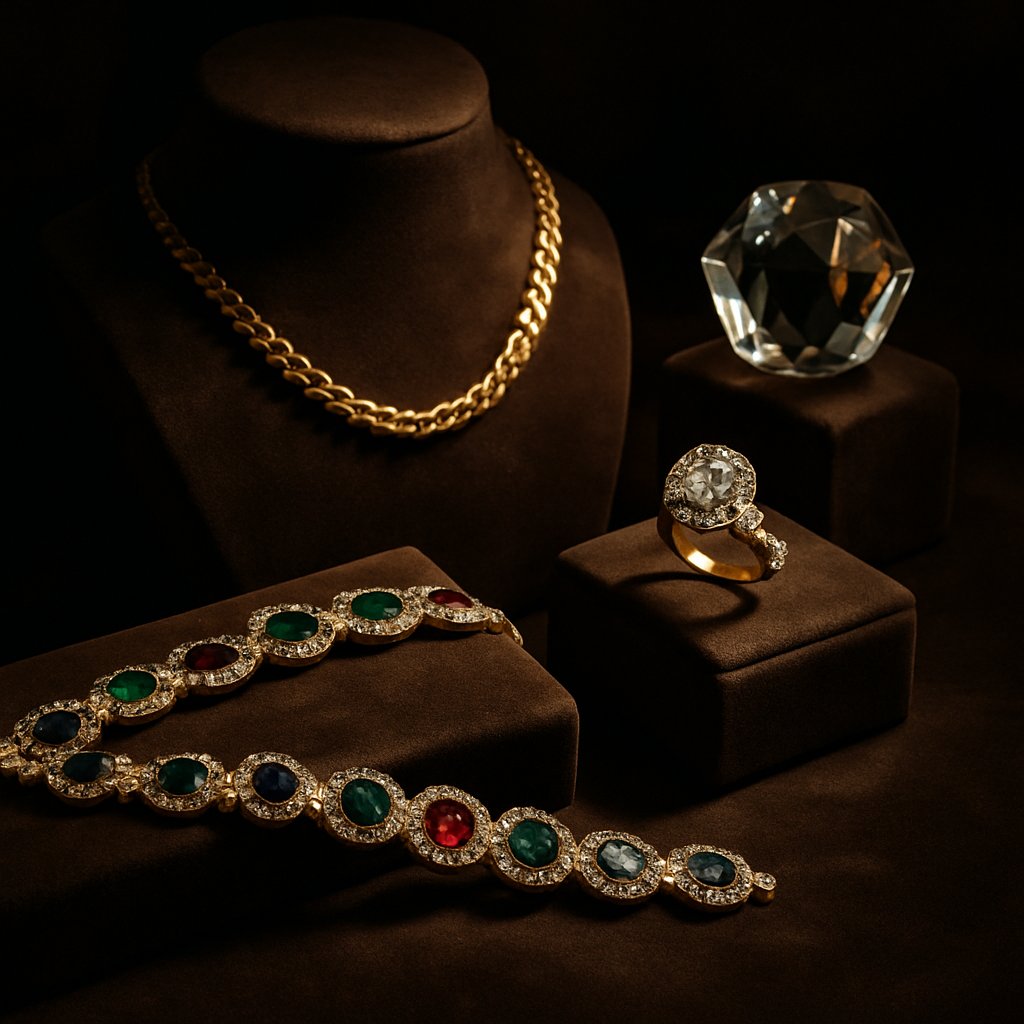 Woman reluctantly wearing ornate jewelry while looking in mirror with conflicted expression