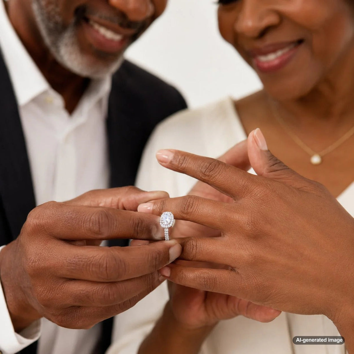 A stunning diamond engagement ring from Robinson's Jewelers showcasing a brilliant halo setting that makes the center stone appear larger.