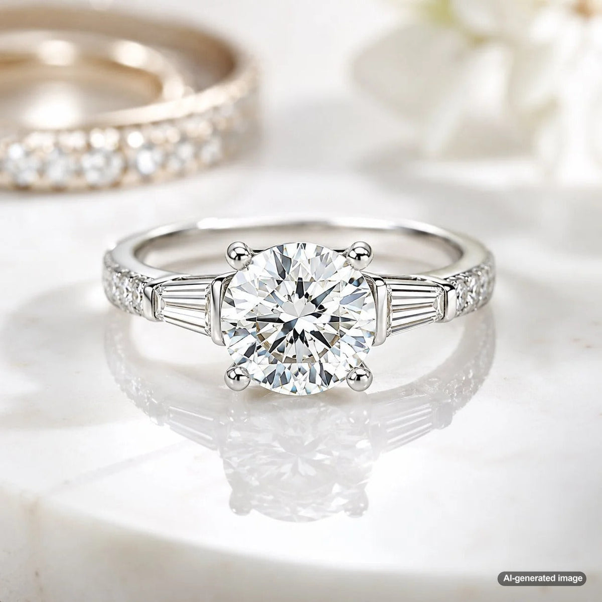An elegant diamond engagement ring showcasing the optical illusion of a larger center diamond enhanced by perfectly matched side stones.