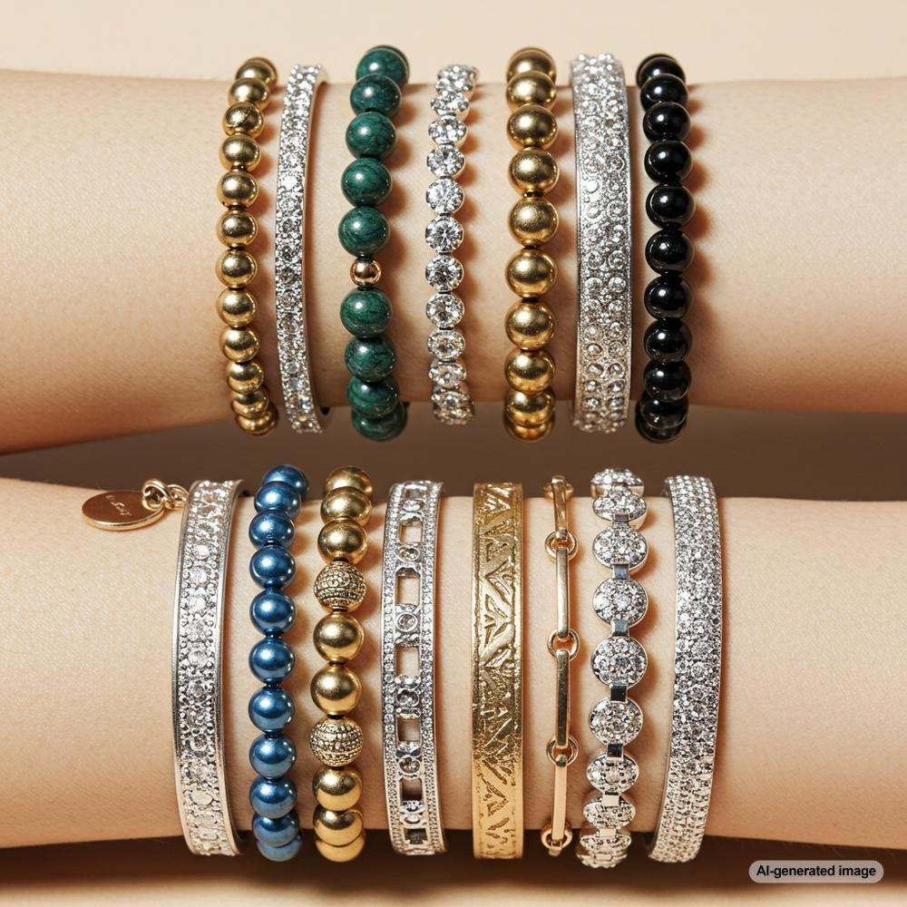 A beautifully stacked set of bracelets showcasing mixed materials and gemstones, highlighting the timeless appeal of layering jewelry.