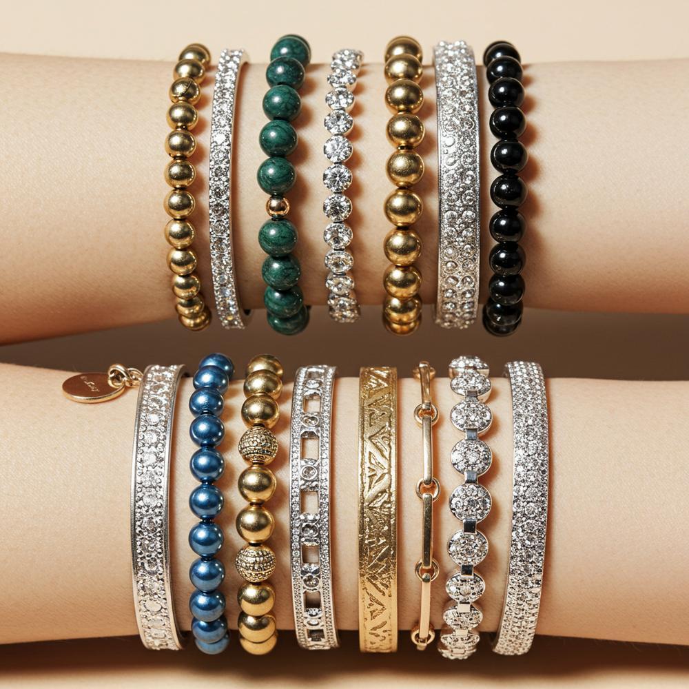 A beautifully stacked set of bracelets showcasing mixed materials and gemstones, highlighting the timeless appeal of layering jewelry.