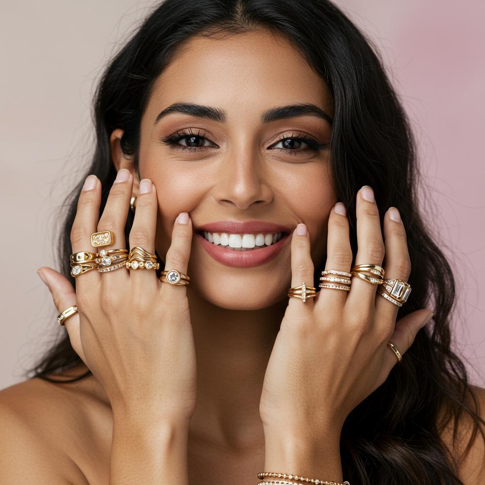 A stunning collection of stackable rings in gold, silver, and rose gold with diamonds and gemstones, beautifully arranged on a velvet tray.