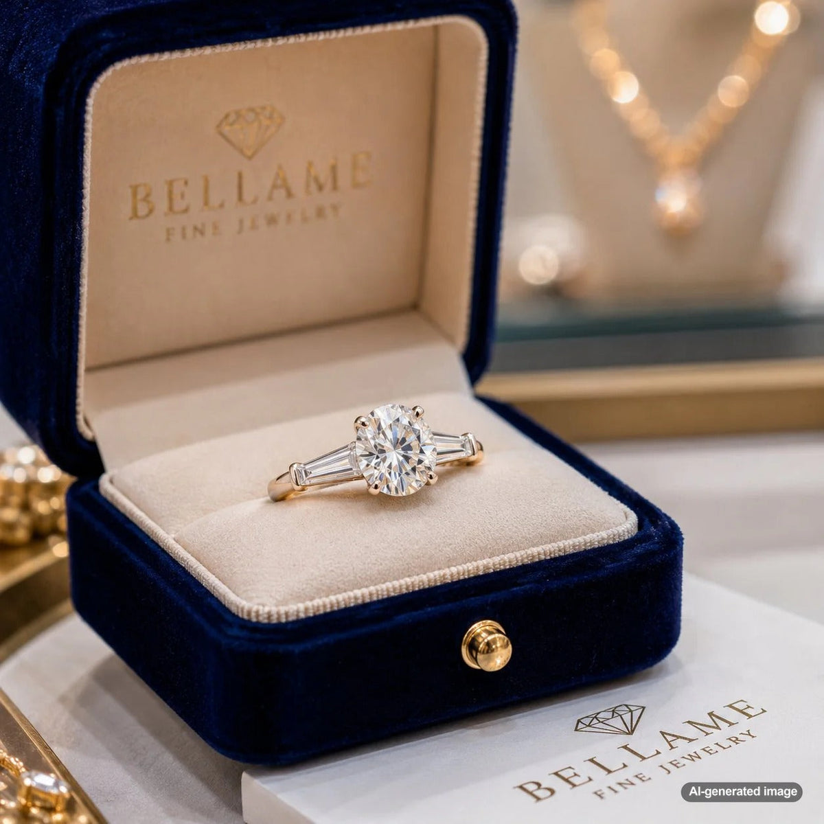 Close up of an elegant diamond ring featuring a brilliant center diamond flanked by two tapered baguette side stones on a white background