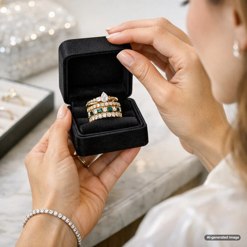 A stylish stacking guide image featuring layered necklaces, stacked rings, and mixed metal bracelets on a neutral background, highlighting the art of jewelry pairing.