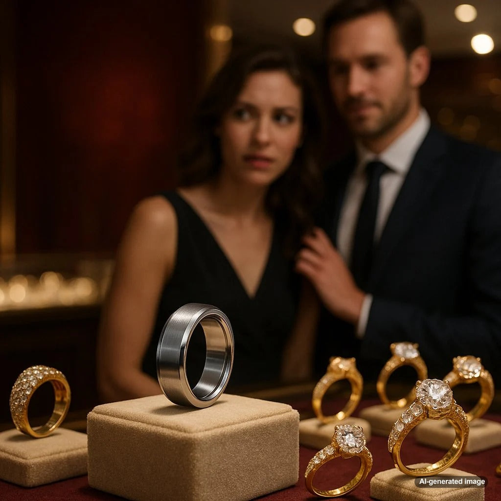 Modern titanium wedding bands for men and women showcasing sleek grey finishes and unique designs.