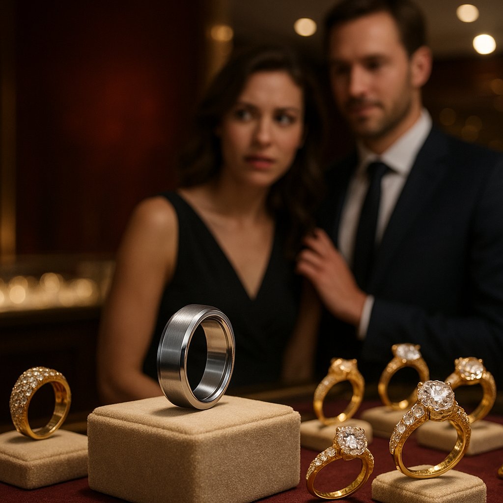 Modern titanium wedding bands for men and women showcasing sleek grey finishes and unique designs.