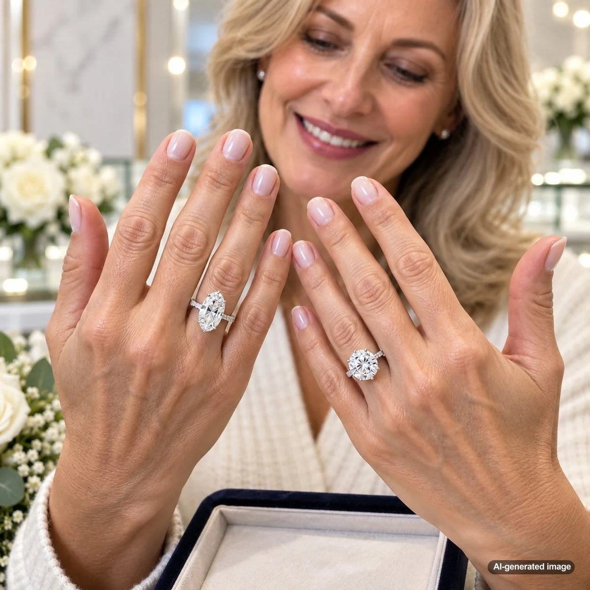 Two 2-carat lab diamonds showing different face-up sizes and proportions on the hand