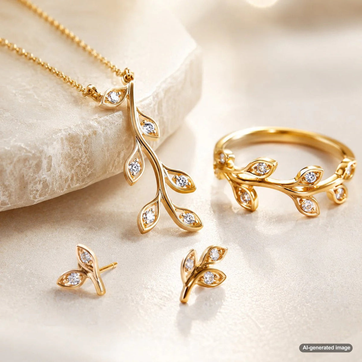 A stunning macro close-up of a diamond and gold vine-inspired ring intertwined with leaf motifs