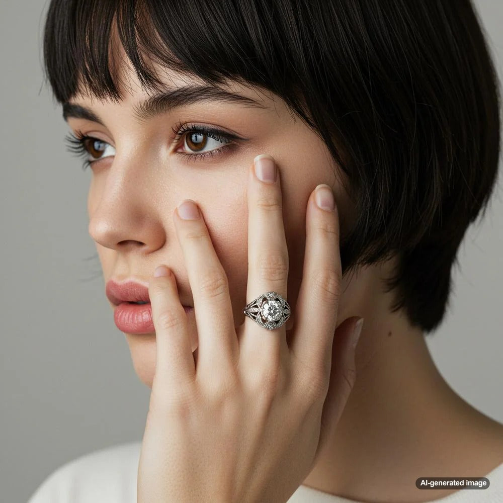 An elegant vintage engagement ring featuring intricate filigree detailing and a stunning marquise-cut diamond.