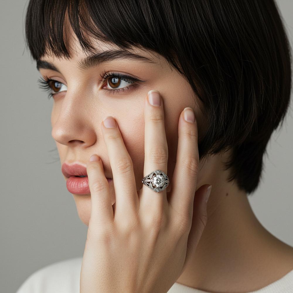 An elegant vintage engagement ring featuring intricate filigree detailing and a stunning marquise-cut diamond.
