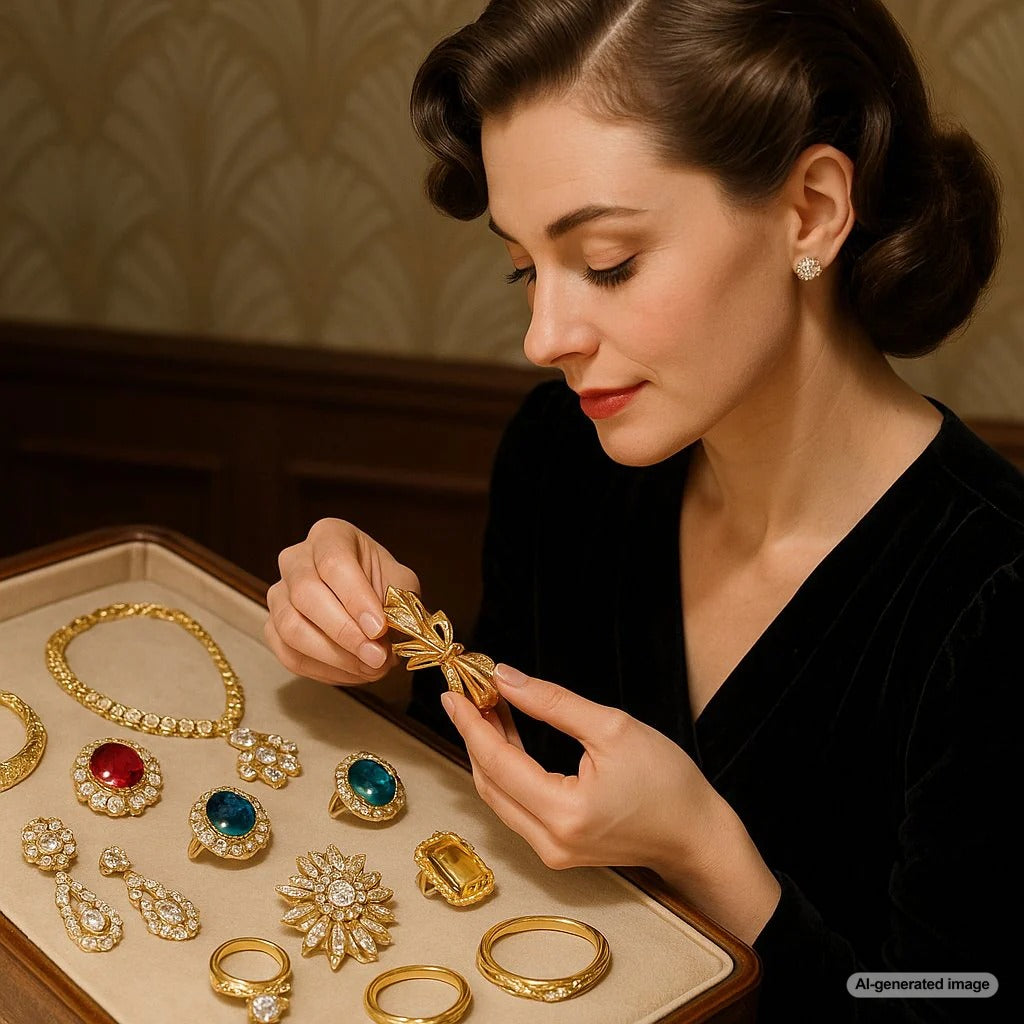 A stunning collection of vintage rings, brooches, and earrings arranged on velvet, showcasing intricate Art Deco and Retro designs.