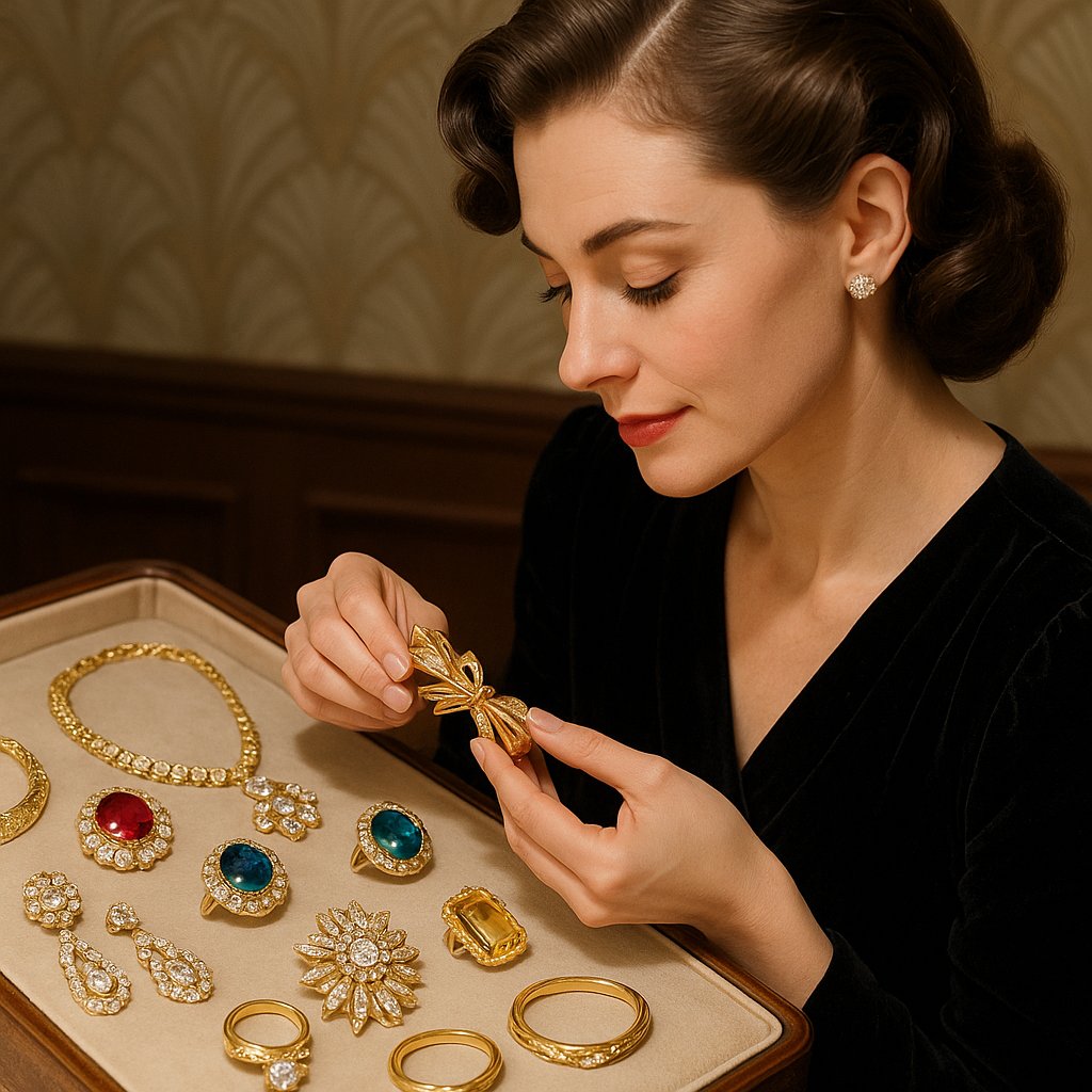 A stunning collection of vintage rings, brooches, and earrings arranged on velvet, showcasing intricate Art Deco and Retro designs.