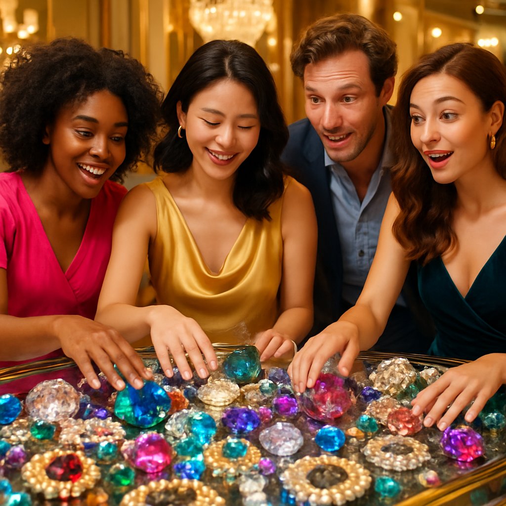 Various healing crystals and gemstone jewelry arranged beautifully showcasing different colors and textures