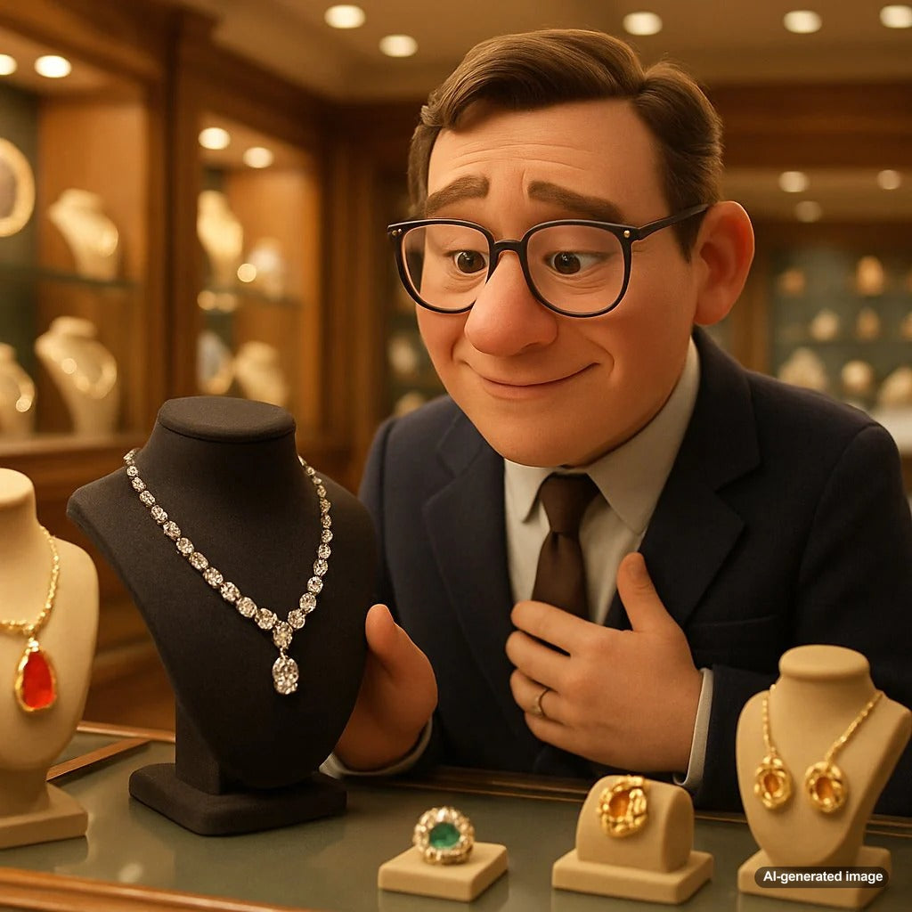 Close-up of hands holding sentimental jewelry pieces including rings, pendants and bracelets with emotional significance