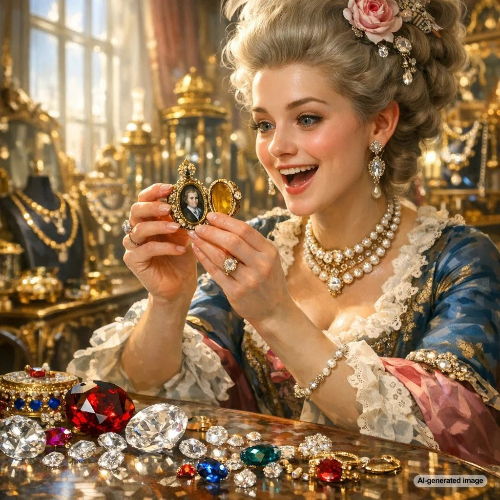 Close-up of an antique portrait miniature in a gold locket, displayed beside modern diamond jewelry at Robinson's Jewelers.