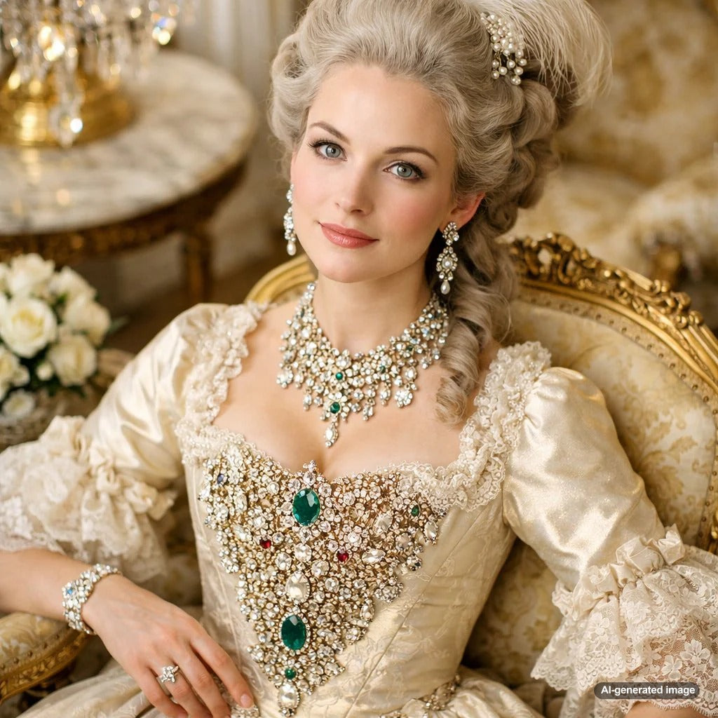 A lavish historical jewelry stomacher and a modern diamond necklace displayed together, illustrating the evolution of central statement pieces.