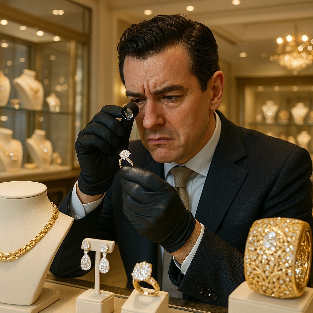 Close-up of a jeweler inspecting a diamond ring with a loupe under bright light