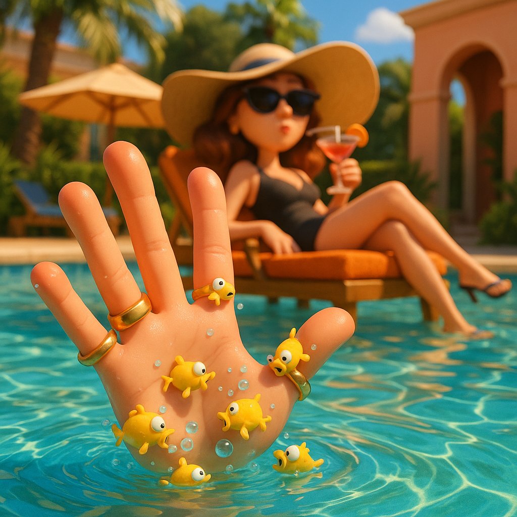Close-up image of a gold ring showing discoloration and damage from chlorine exposure next to a swimming pool