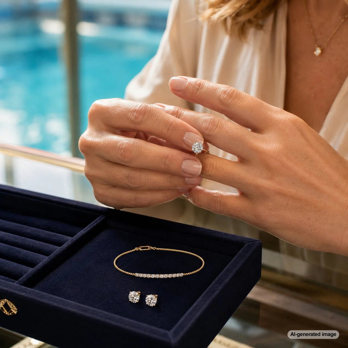 A beautiful gold and pearl necklace and diamond earrings sitting on a luxurious towel next to a sparkling blue swimming pool, illustrating the importance of removing jewelry before swimming to protect it from chlorine damage.