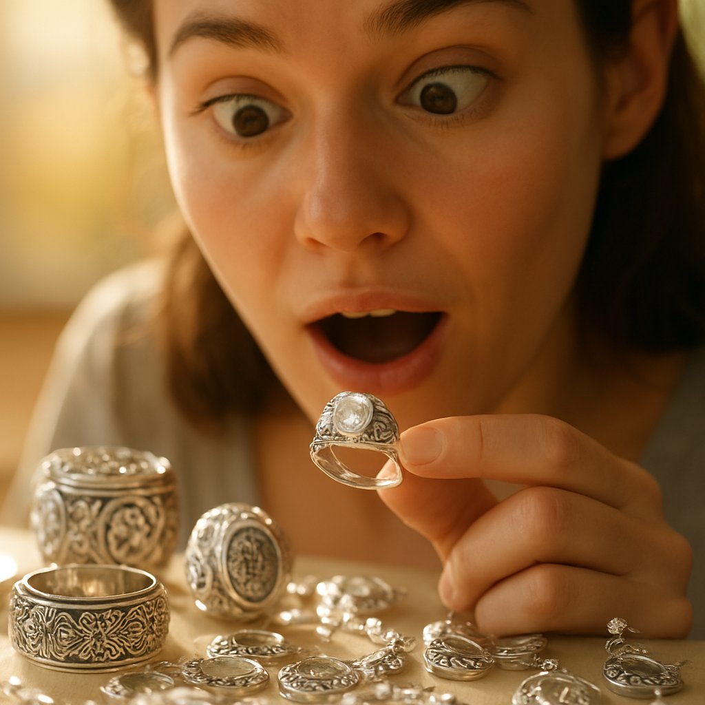 Close-up of tarnished silver jewelry next to polished silver pieces, showcasing the difference proper care can make