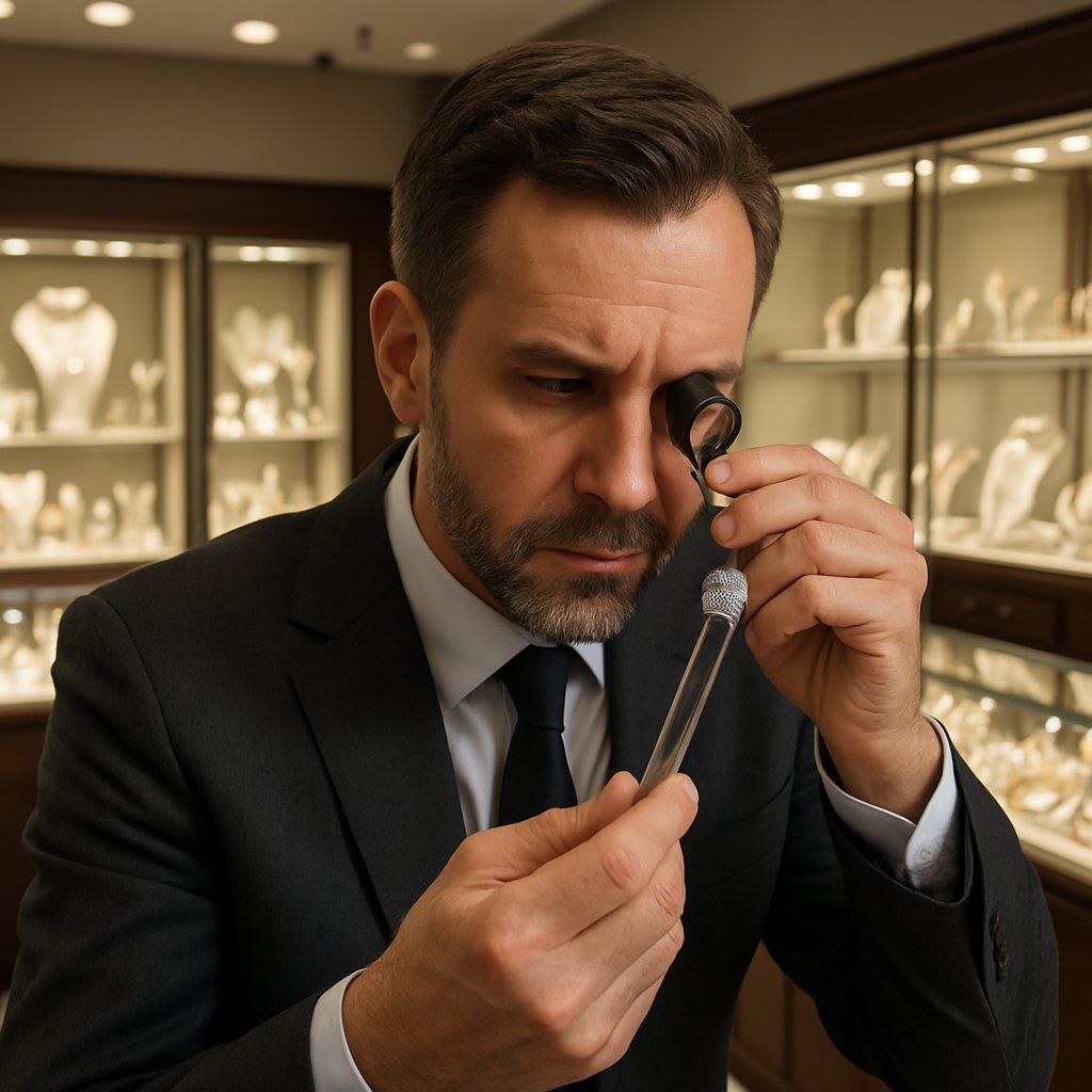 Close-up of a jeweler using a diamond tester on a brilliant cut diamond ring at Robinson's Jewelers