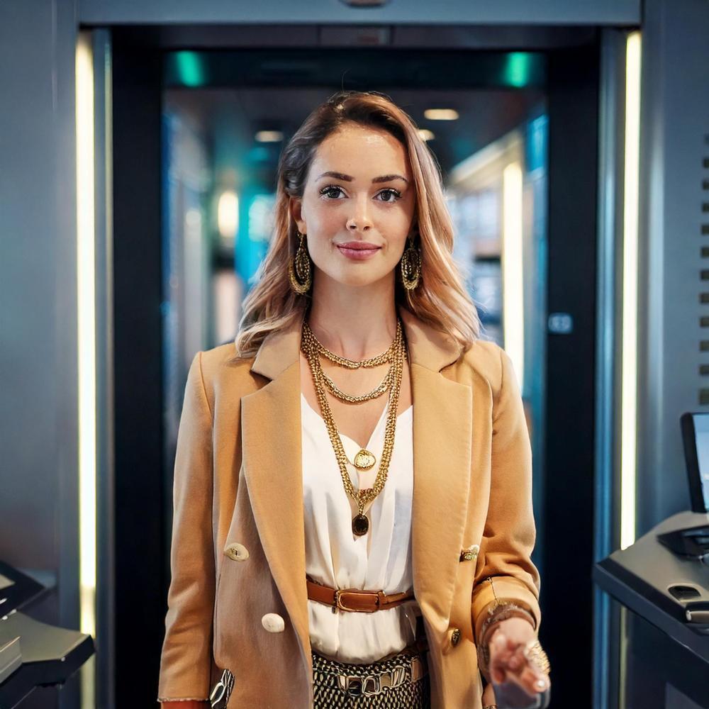 Traveler wearing gold jewelry at airport security checkpoint