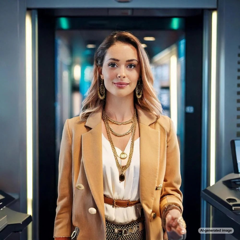 Traveler wearing gold jewelry at airport security checkpoint