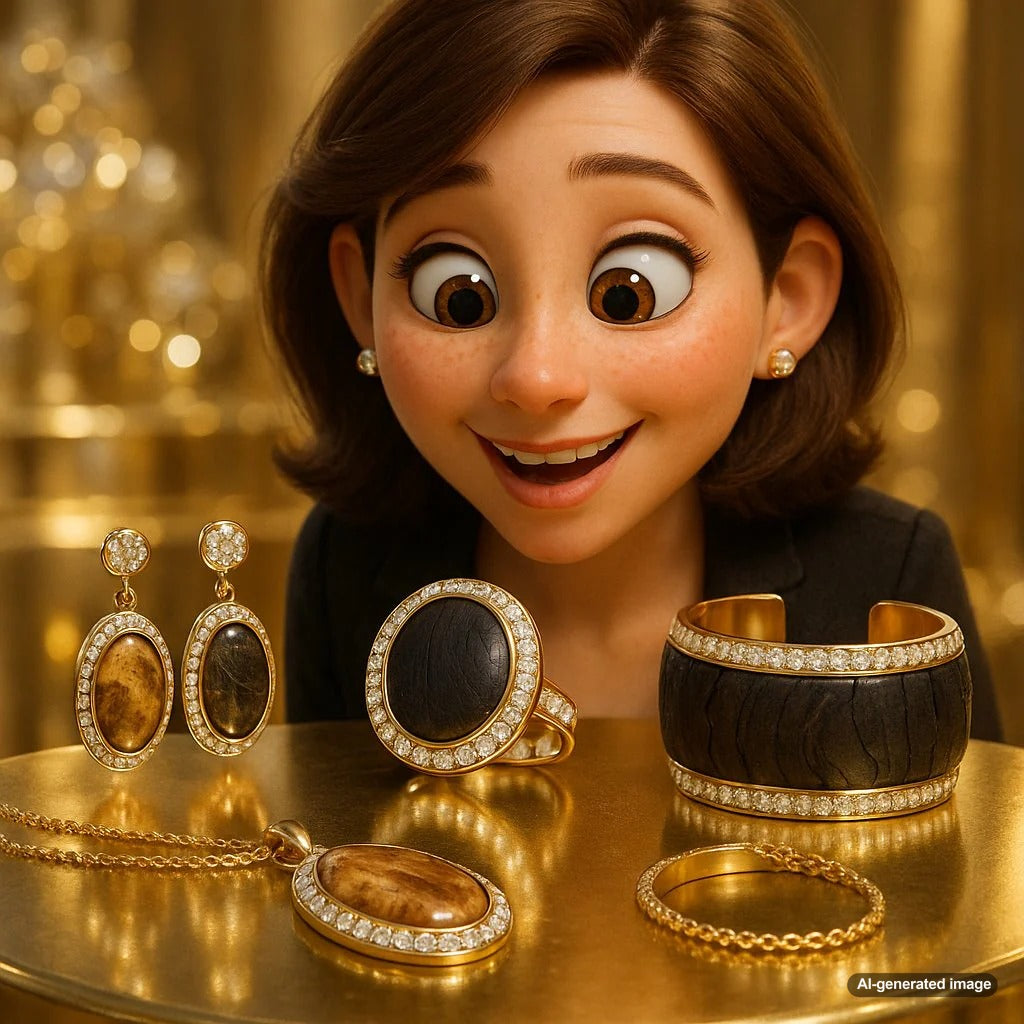 Luxury jewelry featuring petrified wood and bog oak set in gold and diamonds at Robinson's Jewelers