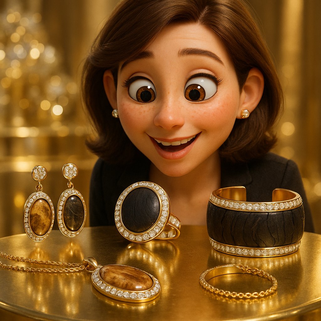 Luxury jewelry featuring petrified wood and bog oak set in gold and diamonds at Robinson's Jewelers