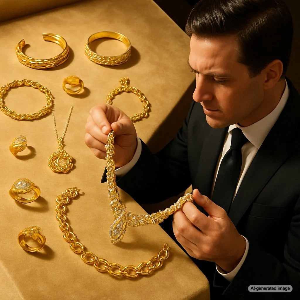 Assortment of luxurious yellow gold jewelry including rings, necklaces and bracelets displayed on velvet
