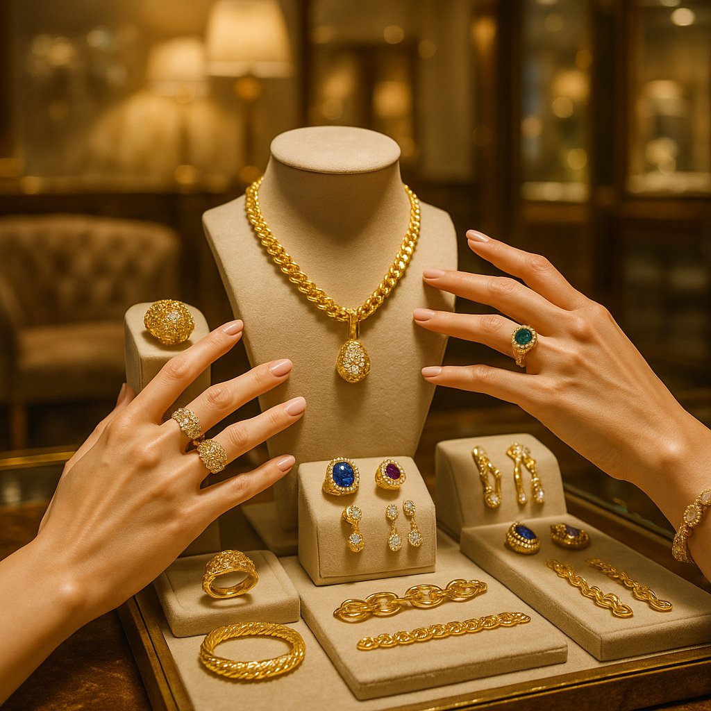 Luxurious yellow gold jewelry collection featuring rings, necklaces, and bracelets