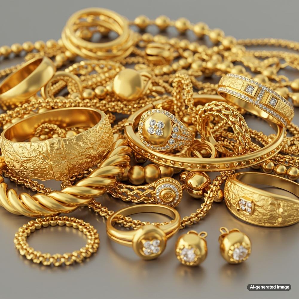 Beautiful yellow gold jewelry collection featuring rings, necklaces and bracelets from Robinson's Jewelers