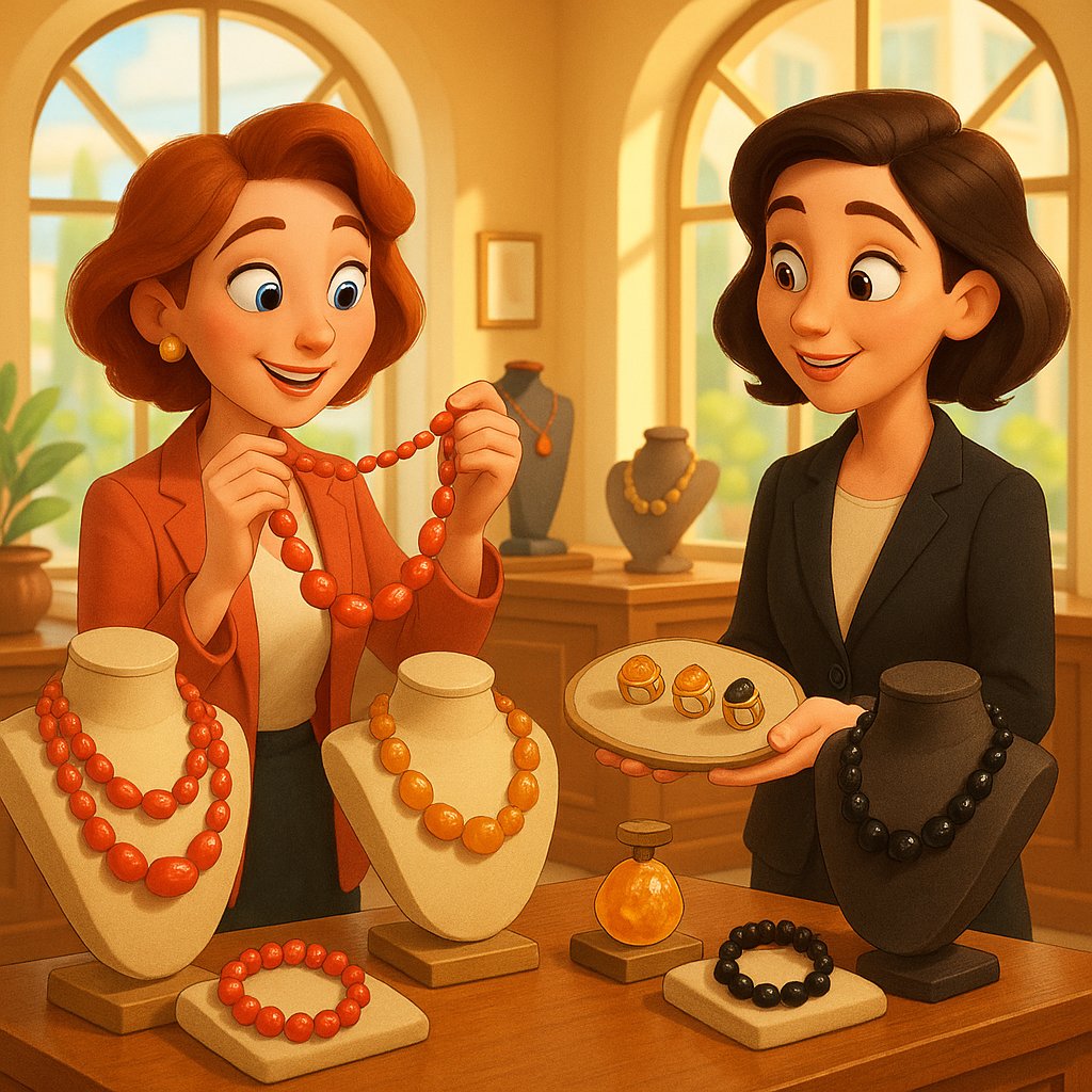 Beautiful collection of organic gem jewelry including coral, amber, and jet pieces from Robinson's Jewelers