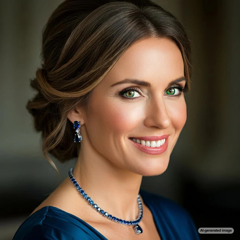 Elegant woman wearing sapphire jewelry set