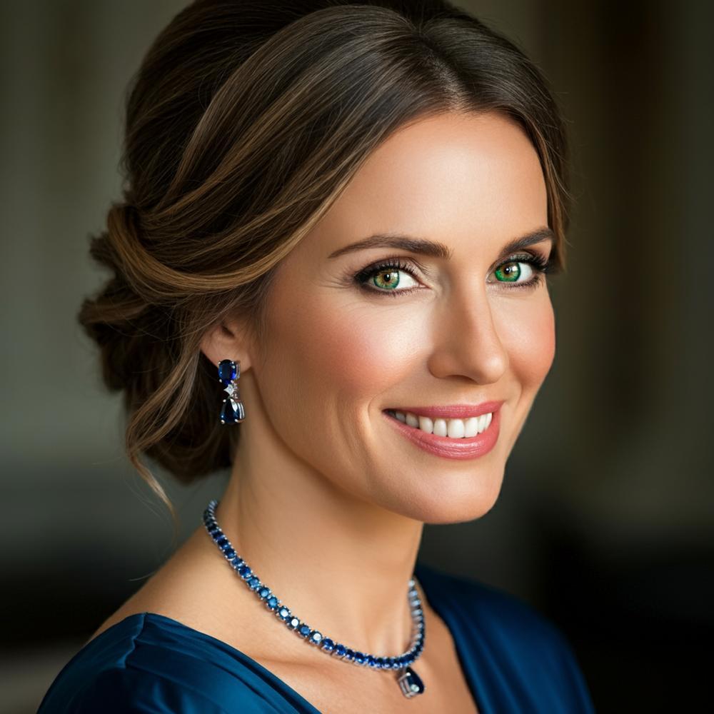 Elegant woman wearing sapphire jewelry set