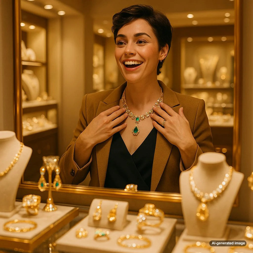 Woman confidently wearing multiple layered necklaces and statement earrings that reflect personal style and energy