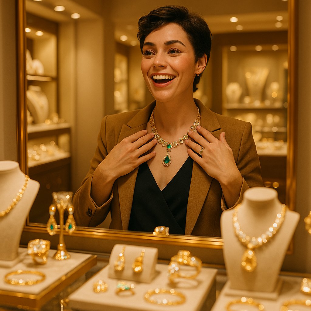 Woman confidently wearing multiple layered necklaces and statement earrings that reflect personal style and energy