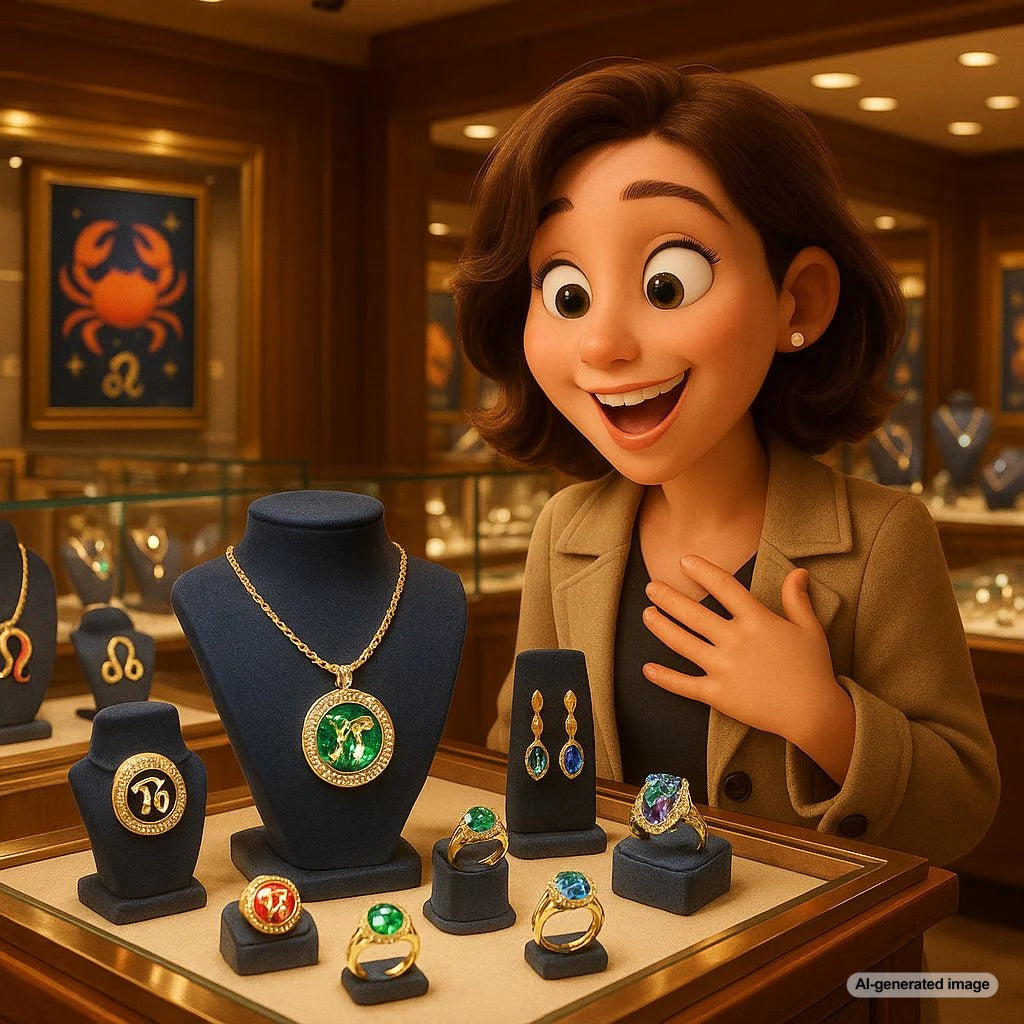 Zodiac gemstone jewelry collection featuring rings and necklaces with diamonds, emeralds, rubies, and other astrological stones
