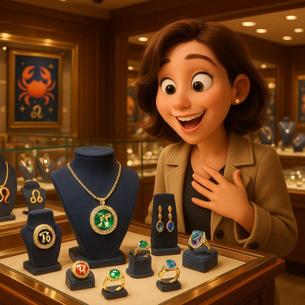 Zodiac gemstone jewelry collection featuring rings and necklaces with diamonds, emeralds, rubies, and other astrological stones