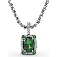 1.00 Carat Total Gemstone Weight Oval Emerald and Diamond Halo Pendant with Bezel Set Corner Emeralds by Fana