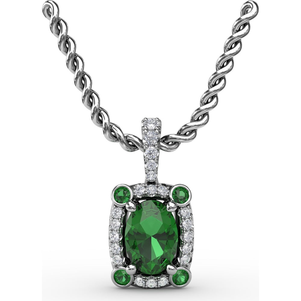 1.00 Carat Total Gemstone Weight Oval Emerald and Diamond Halo Pendant with Bezel Set Corner Emeralds by Fana