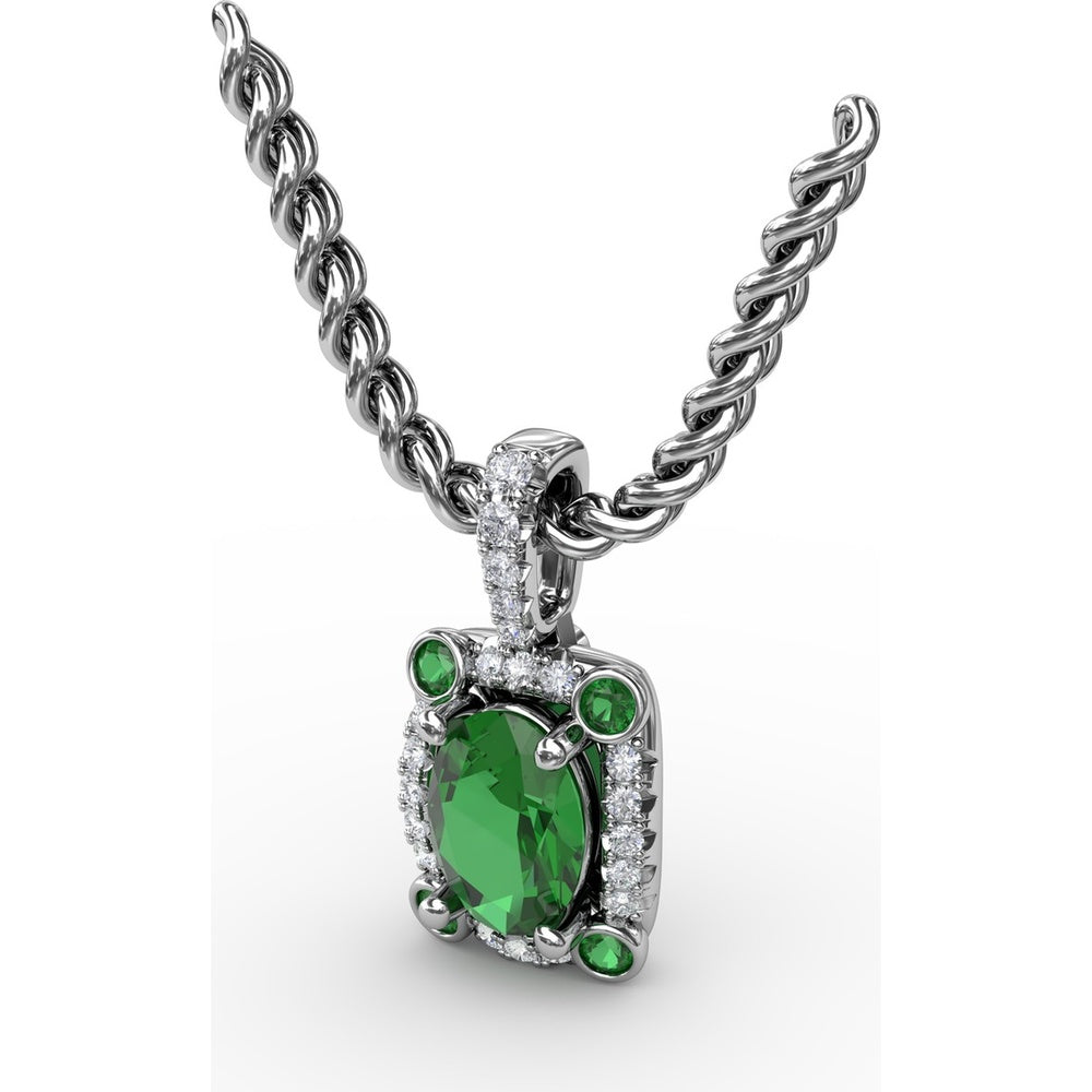 1.00 Carat Total Gemstone Weight Oval Emerald and Diamond Halo Pendant with Bezel Set Corner Emeralds by Fana