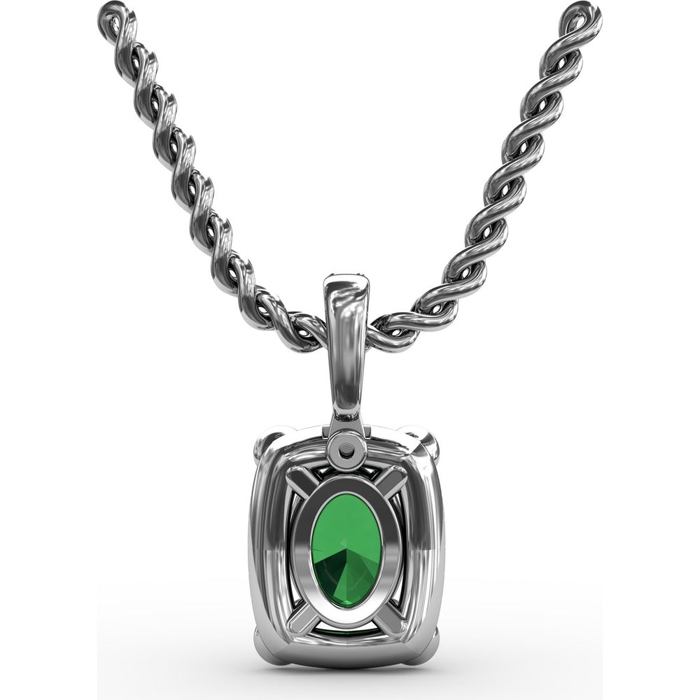 1.00 Carat Total Gemstone Weight Oval Emerald and Diamond Halo Pendant with Bezel Set Corner Emeralds by Fana