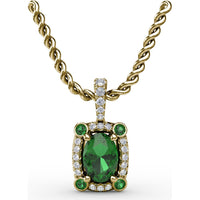 1.00 Carat Total Gemstone Weight Oval Emerald and Diamond Halo Pendant with Bezel Set Corner Emeralds by Fana