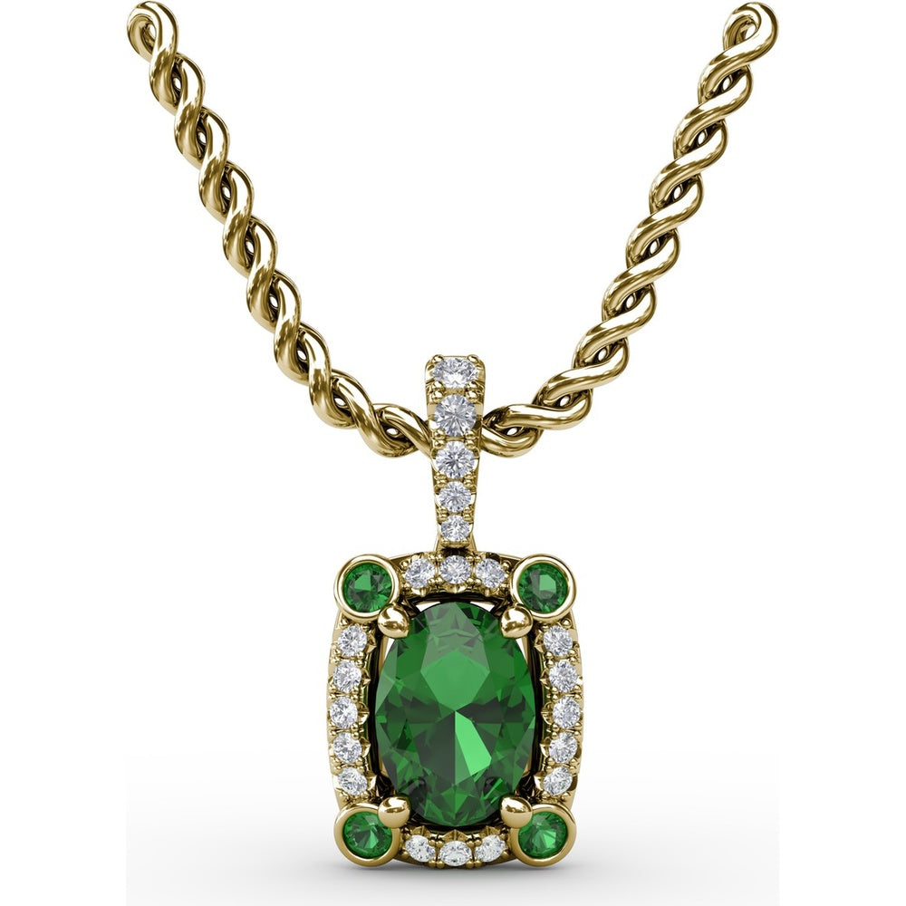 1.00 Carat Total Gemstone Weight Oval Emerald and Diamond Halo Pendant with Bezel Set Corner Emeralds by Fana