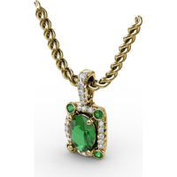 1.00 Carat Total Gemstone Weight Oval Emerald and Diamond Halo Pendant with Bezel Set Corner Emeralds by Fana