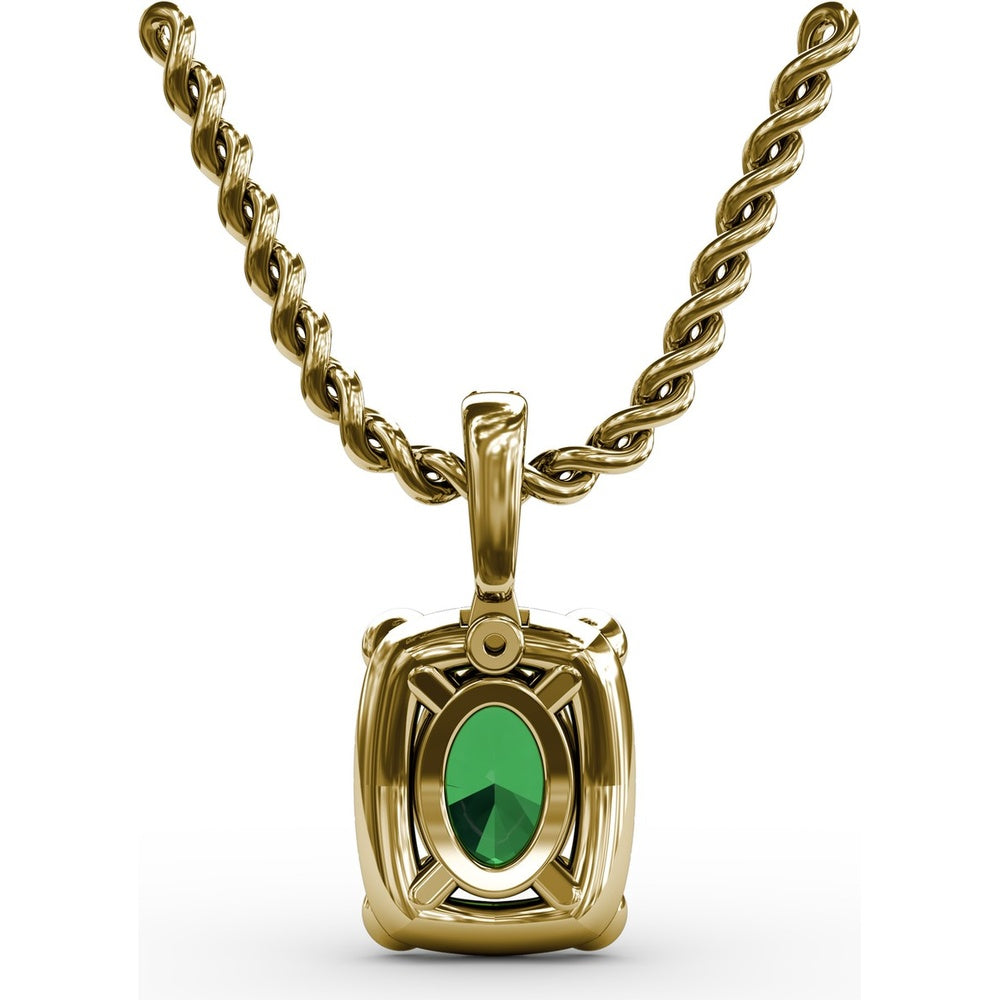 1.00 Carat Total Gemstone Weight Oval Emerald and Diamond Halo Pendant with Bezel Set Corner Emeralds by Fana